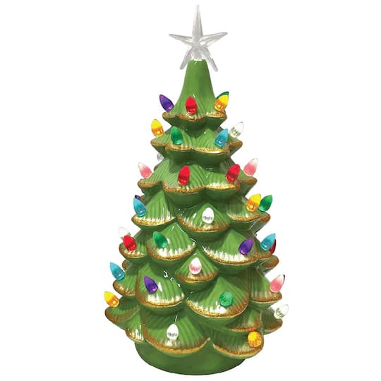 Santa&#x27;s Workshop 14&#x22; Lighted Green Ceramic Tree with Gold Tips